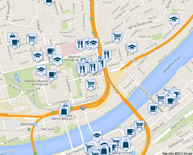 map of restaurants, bars, coffee shops, grocery stores, and more near in Pittsburgh