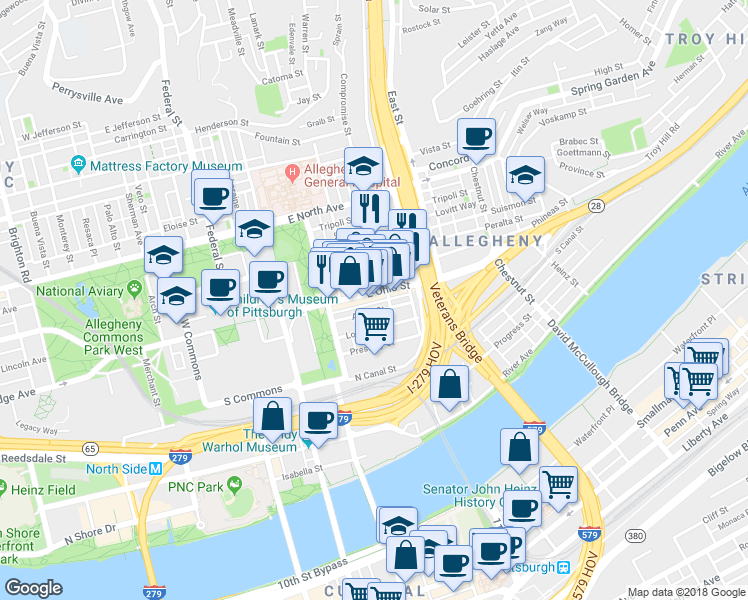 map of restaurants, bars, coffee shops, grocery stores, and more near in Pittsburgh