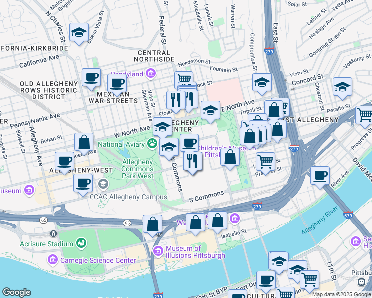 map of restaurants, bars, coffee shops, grocery stores, and more near 10 Children's Way in Pittsburgh