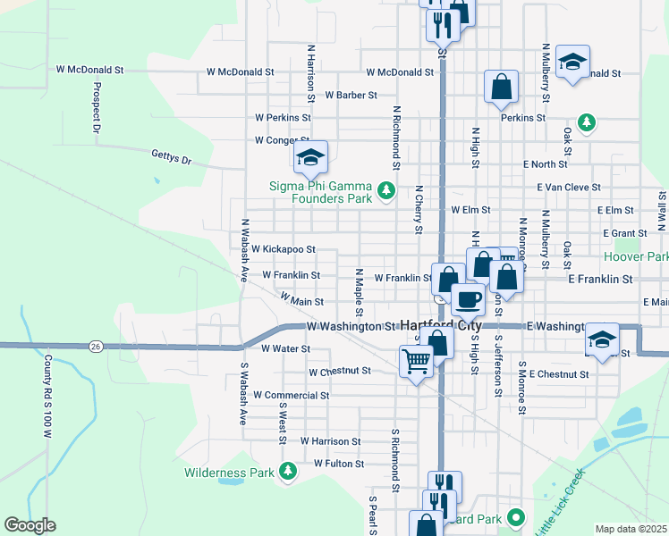 map of restaurants, bars, coffee shops, grocery stores, and more near 708 West Franklin Street in Hartford City