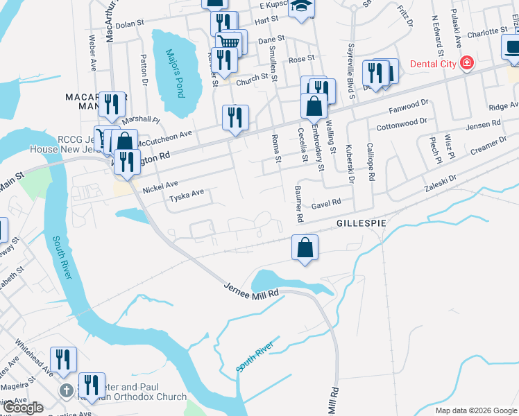 map of restaurants, bars, coffee shops, grocery stores, and more near 105 Winkler Road in Sayreville