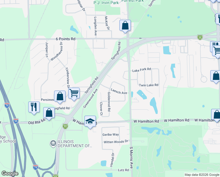 map of restaurants, bars, coffee shops, grocery stores, and more near 1015 Laesch Avenue in Bloomington