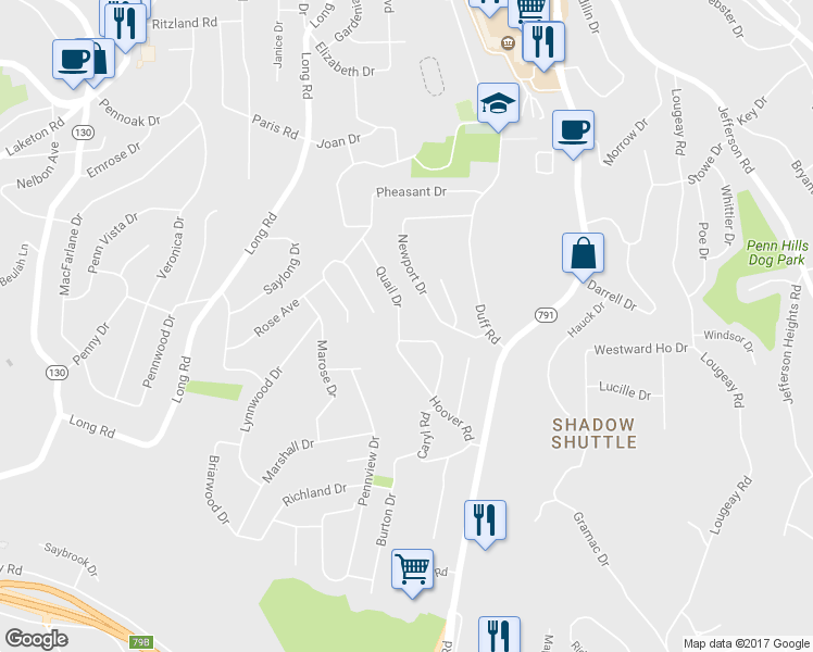 map of restaurants, bars, coffee shops, grocery stores, and more near 185 Quail Drive in Pittsburgh