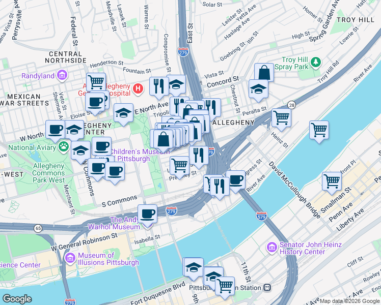 map of restaurants, bars, coffee shops, grocery stores, and more near in Pittsburgh