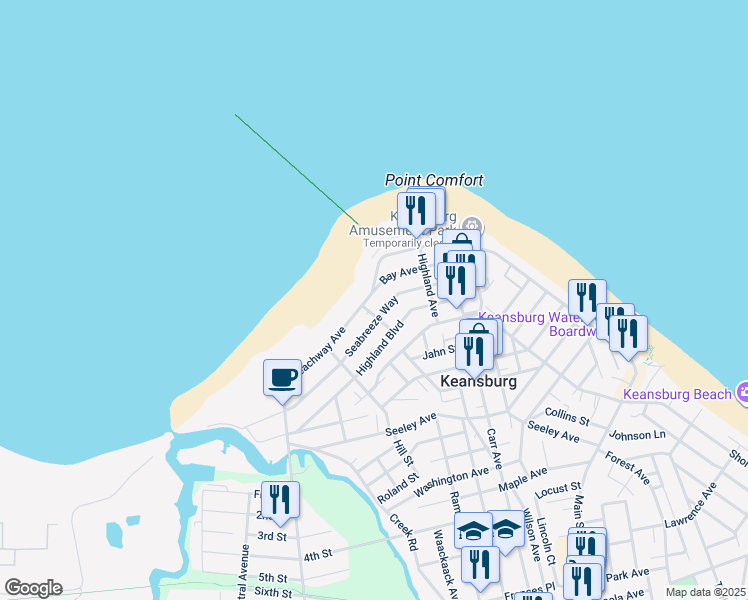 map of restaurants, bars, coffee shops, grocery stores, and more near 284 Beachway Avenue in Keansburg