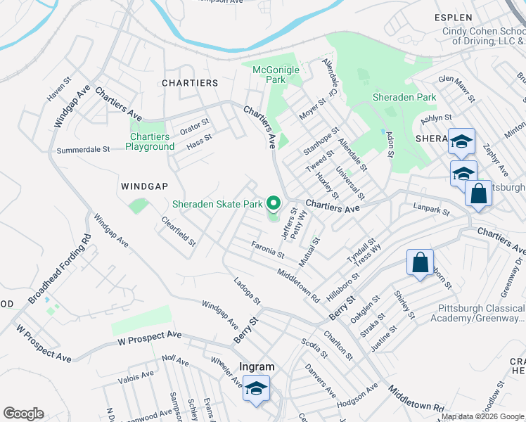 map of restaurants, bars, coffee shops, grocery stores, and more near 3238 Thayer Street in Pittsburgh
