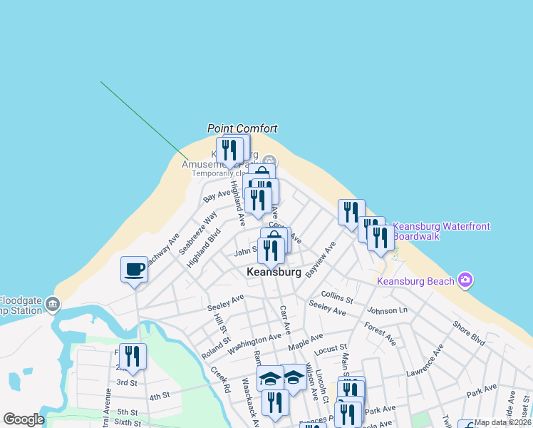 map of restaurants, bars, coffee shops, grocery stores, and more near 54 Carr Avenue in Keansburg