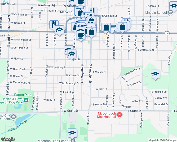 map of restaurants, bars, coffee shops, grocery stores, and more near 512 South Randolph Street in Macomb