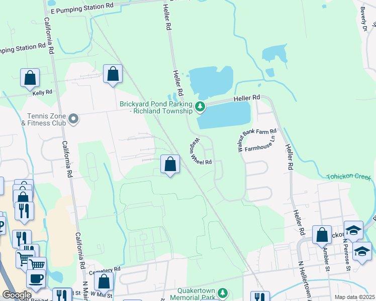 map of restaurants, bars, coffee shops, grocery stores, and more near 59 Wagon Wheel Road in Quakertown