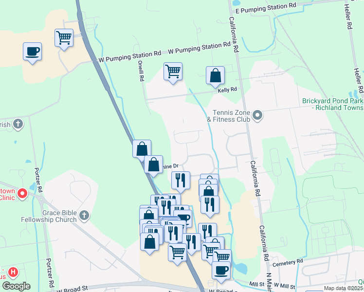 map of restaurants, bars, coffee shops, grocery stores, and more near 131 Cypress Drive in Quakertown