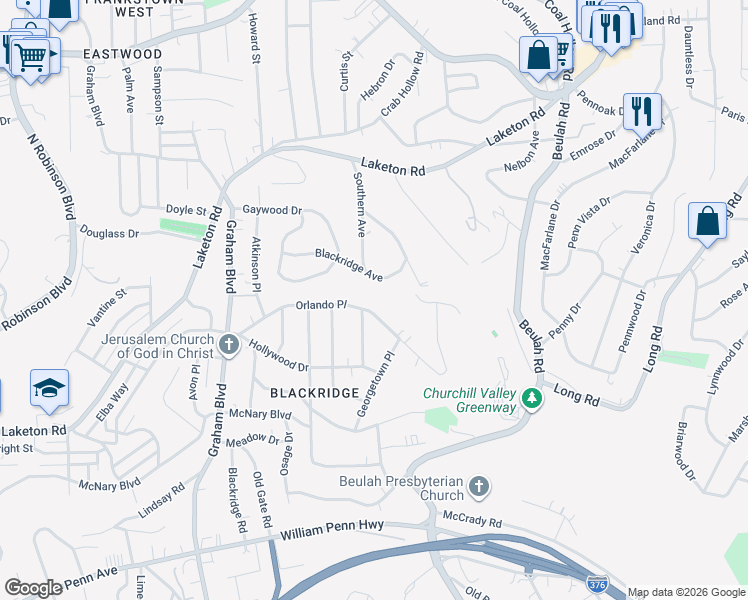map of restaurants, bars, coffee shops, grocery stores, and more near 2605 Orlando Place in Pittsburgh