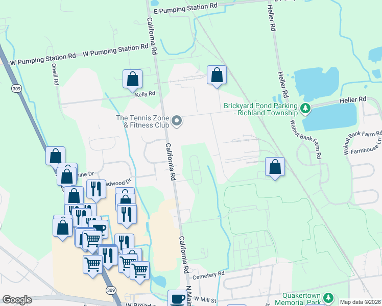map of restaurants, bars, coffee shops, grocery stores, and more near 385 California Road in Quakertown
