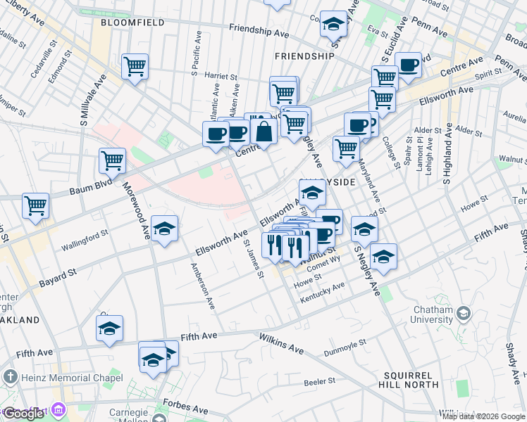 map of restaurants, bars, coffee shops, grocery stores, and more near 5410 Aiken Place in Pittsburgh