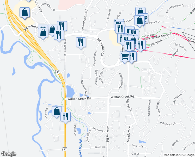 map of restaurants, bars, coffee shops, grocery stores, and more near 1260 Eagle Glen Drive in Steamboat Springs