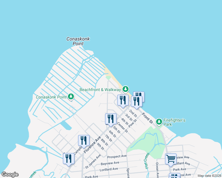 map of restaurants, bars, coffee shops, grocery stores, and more near 124 Dock Street in Union Beach