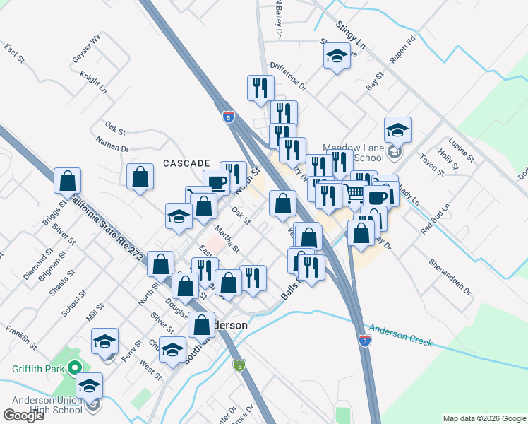 map of restaurants, bars, coffee shops, grocery stores, and more near 22 Ventura Street in Anderson