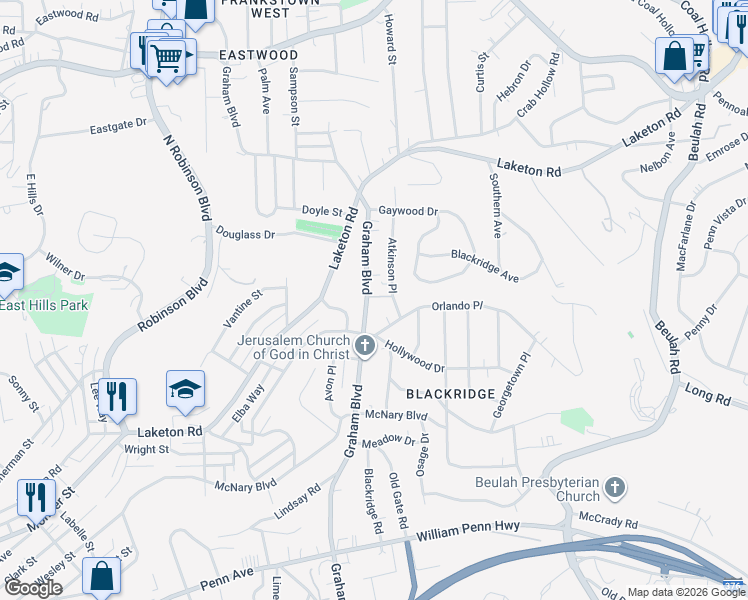 map of restaurants, bars, coffee shops, grocery stores, and more near 1736 Graham Boulevard in Pittsburgh