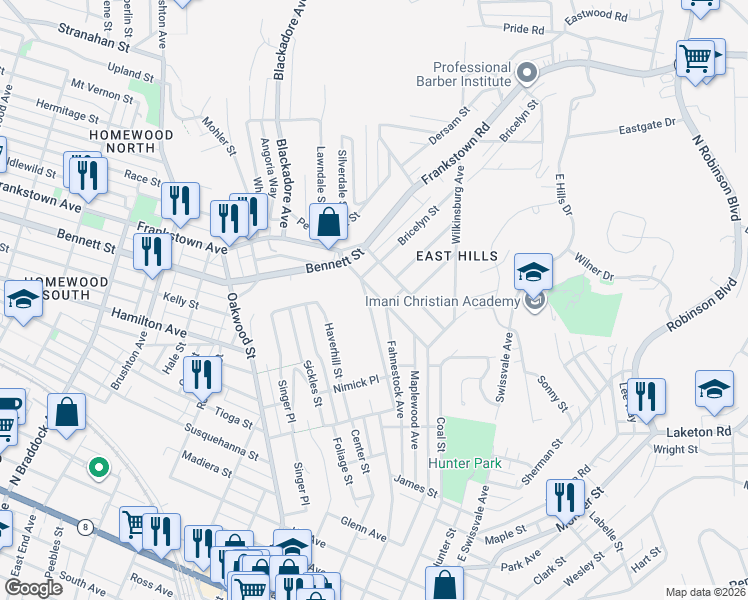 map of restaurants, bars, coffee shops, grocery stores, and more near 650 Seagirt Street in Pittsburgh