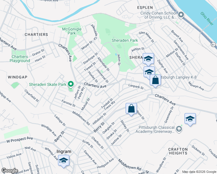 map of restaurants, bars, coffee shops, grocery stores, and more near 1105 Adon Street in Pittsburgh