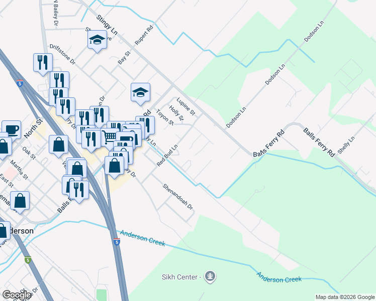 map of restaurants, bars, coffee shops, grocery stores, and more near 2800 Iris Street in Anderson
