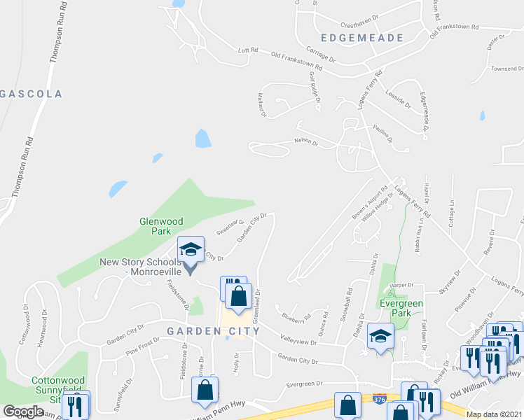 map of restaurants, bars, coffee shops, grocery stores, and more near 975 Garden City Drive in Monroeville