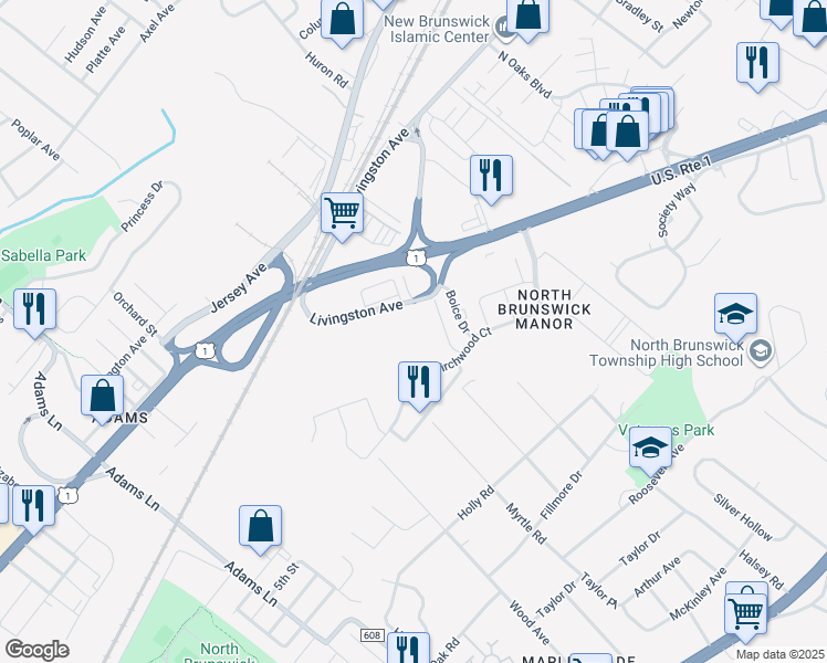 map of restaurants, bars, coffee shops, grocery stores, and more near 1600 Livingston Avenue in North Brunswick