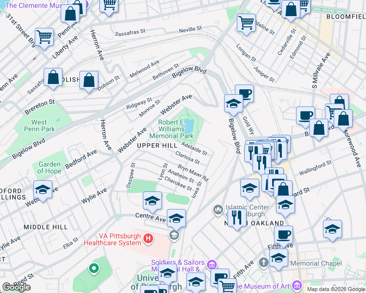 map of restaurants, bars, coffee shops, grocery stores, and more near 816 Adelaide Street in Pittsburgh