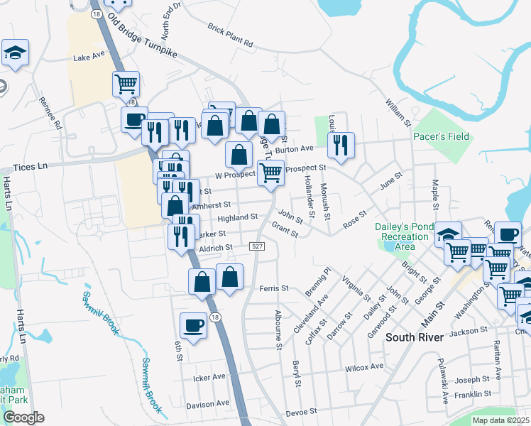 map of restaurants, bars, coffee shops, grocery stores, and more near 429 Old Bridge Turnpike in East Brunswick