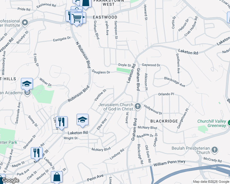map of restaurants, bars, coffee shops, grocery stores, and more near 1708 Turner Street in Pittsburgh