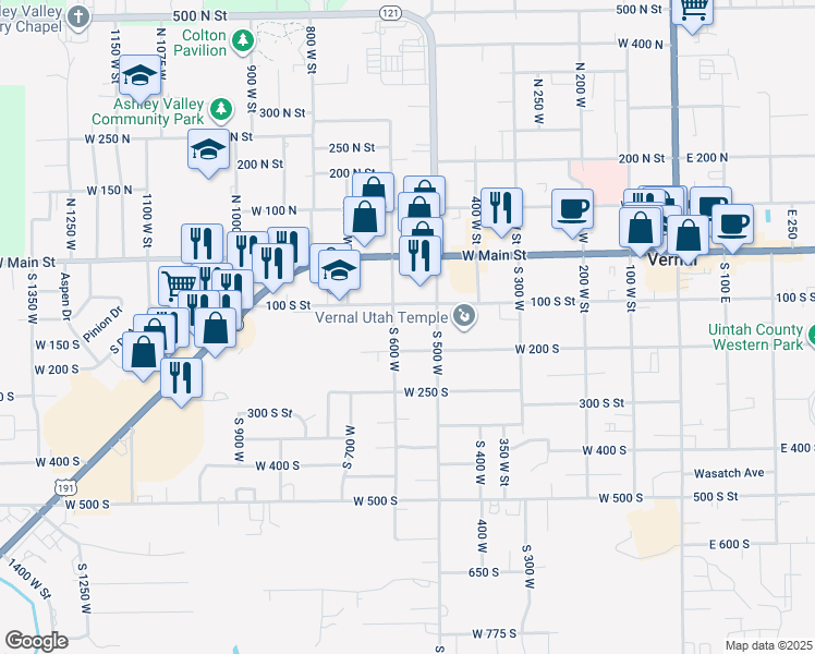 map of restaurants, bars, coffee shops, grocery stores, and more near 149 South 600 West in Vernal