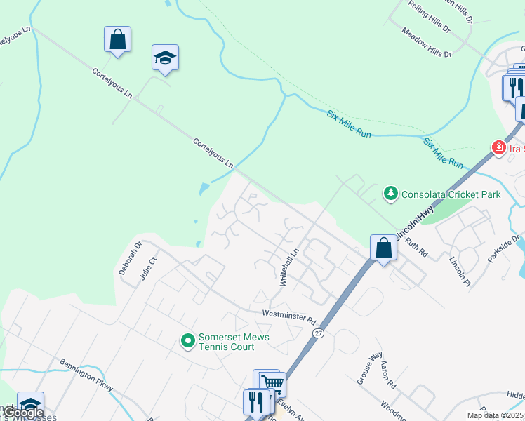 map of restaurants, bars, coffee shops, grocery stores, and more near 29 Woodhill Street in Franklin Township