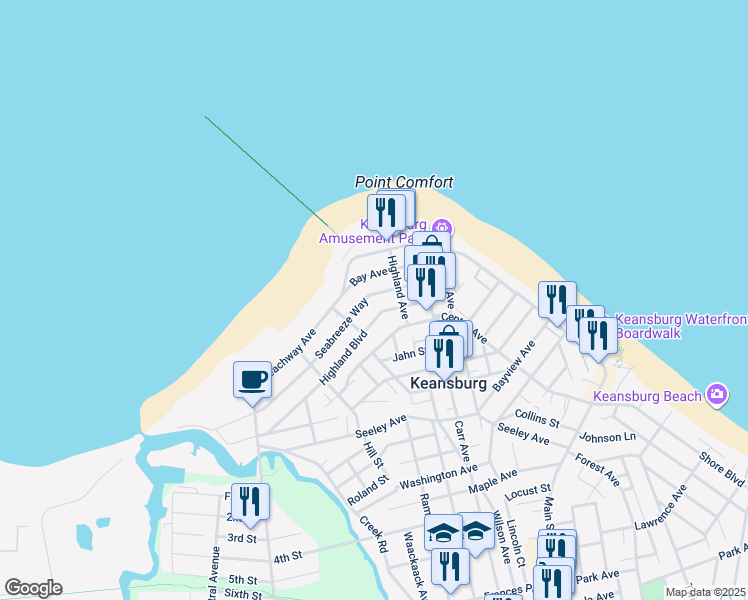 map of restaurants, bars, coffee shops, grocery stores, and more near 60 Seabreeze Way in Keansburg