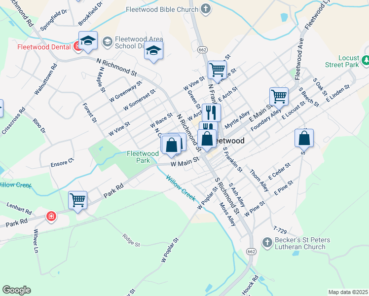 map of restaurants, bars, coffee shops, grocery stores, and more near 120 West Washington Street in Fleetwood