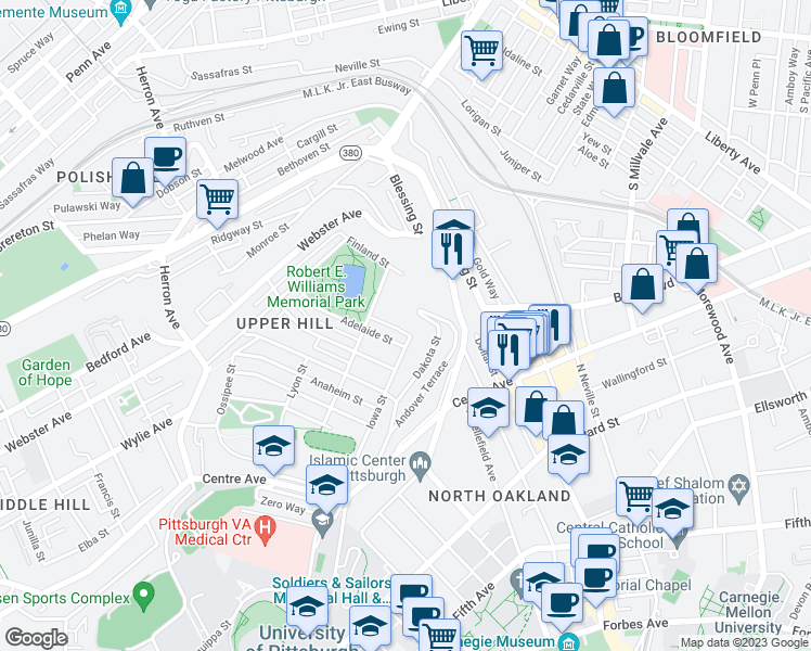 map of restaurants, bars, coffee shops, grocery stores, and more near 3515 Iowa Street in Pittsburgh