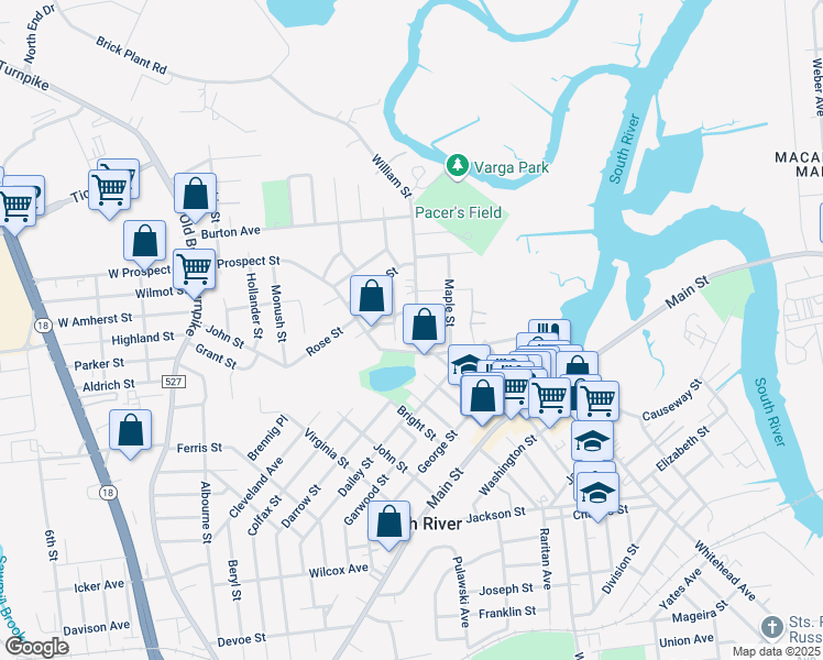 map of restaurants, bars, coffee shops, grocery stores, and more near 8 William Street in South River