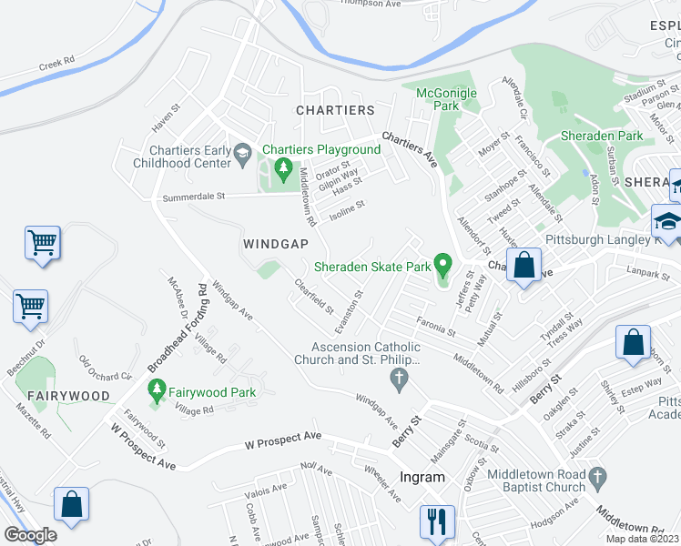 map of restaurants, bars, coffee shops, grocery stores, and more near 3431 Kedzie Street in Pittsburgh