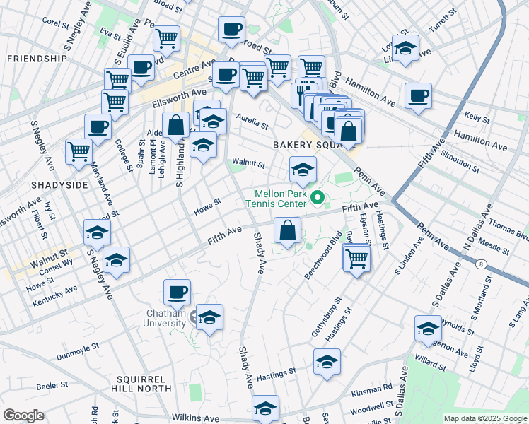 map of restaurants, bars, coffee shops, grocery stores, and more near 432 Denniston Street in Pittsburgh