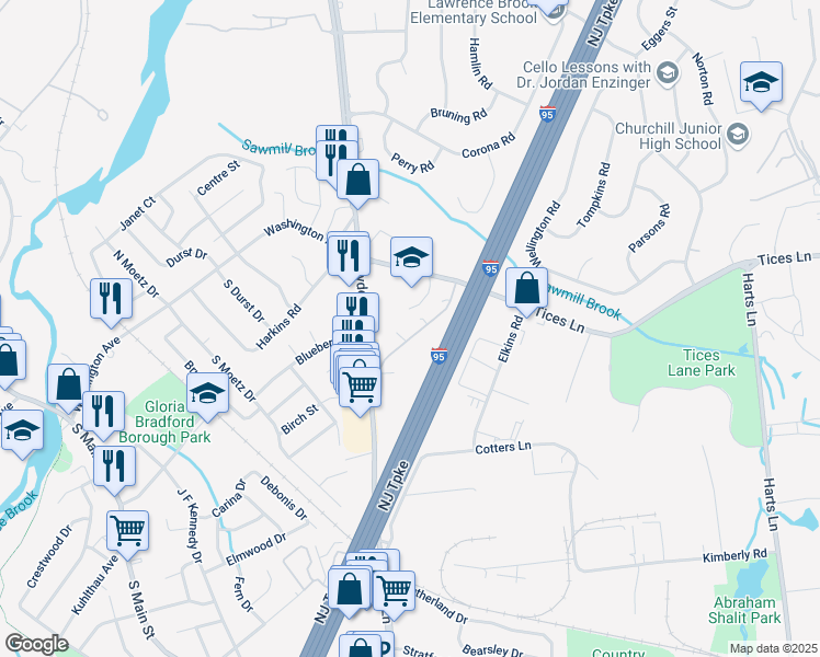 map of restaurants, bars, coffee shops, grocery stores, and more near 3108 Cedar Village Boulevard in East Brunswick