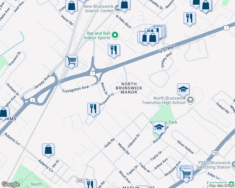 map of restaurants, bars, coffee shops, grocery stores, and more near 2880 Birchwood Court in North Brunswick Township