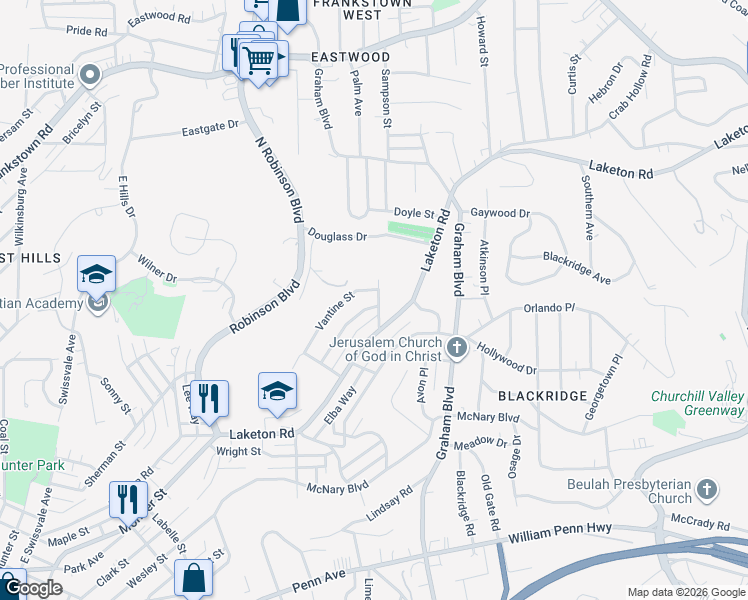 map of restaurants, bars, coffee shops, grocery stores, and more near 1708 Turner Street in Pittsburgh