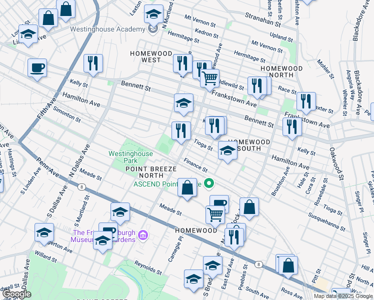 map of restaurants, bars, coffee shops, grocery stores, and more near 7217 Susquehanna Street in Pittsburgh