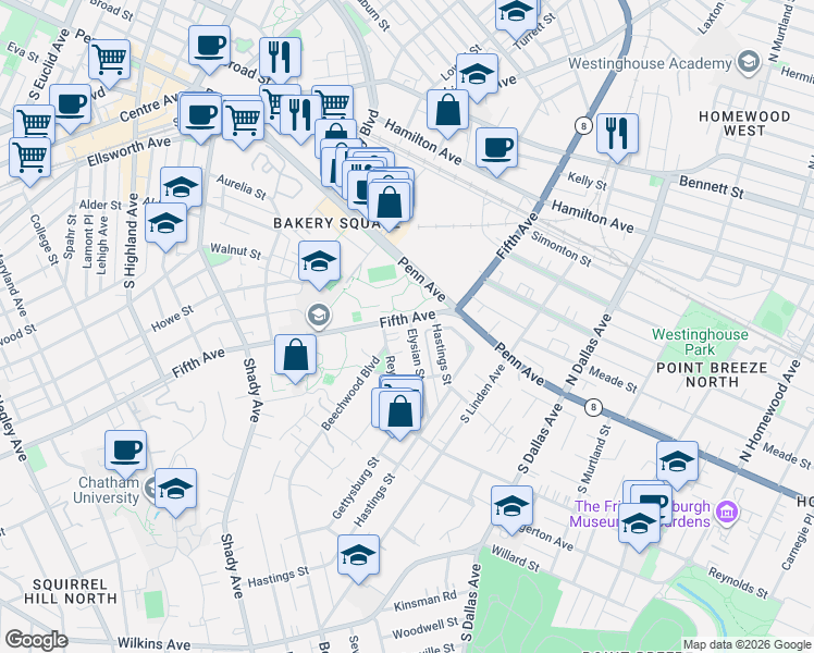 map of restaurants, bars, coffee shops, grocery stores, and more near 6632 Fifth Avenue in Pittsburgh