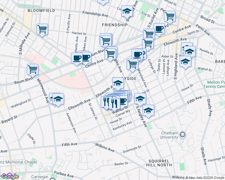 map of restaurants, bars, coffee shops, grocery stores, and more near 5510 Ellsworth Avenue in Pittsburgh