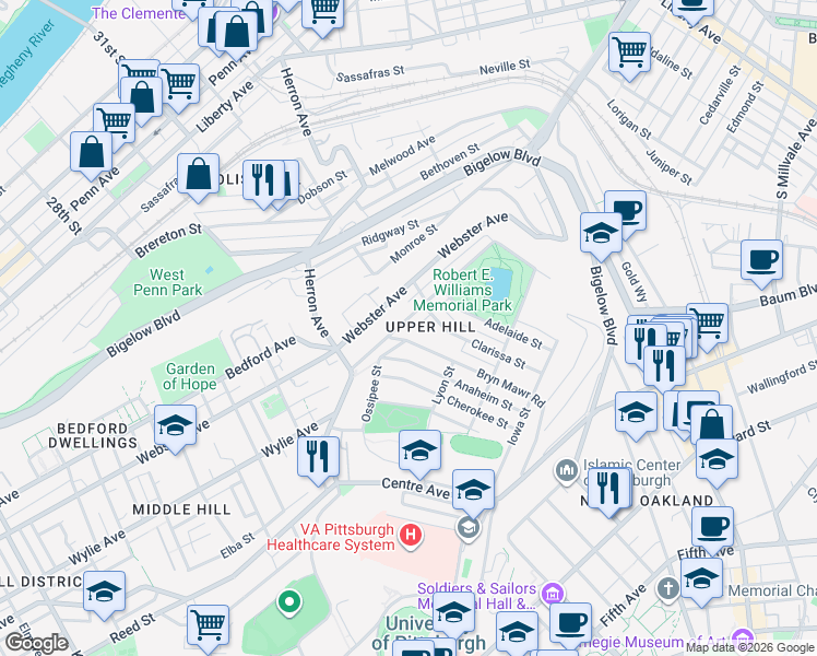 map of restaurants, bars, coffee shops, grocery stores, and more near in Pittsburgh