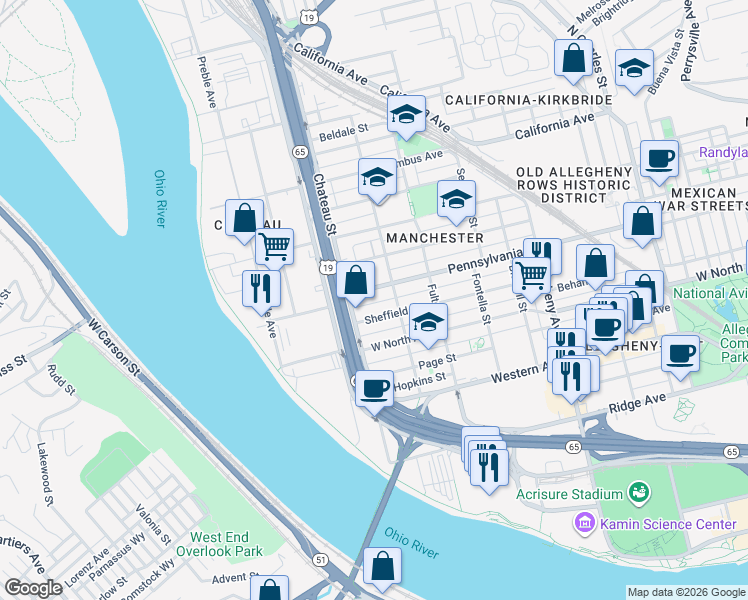map of restaurants, bars, coffee shops, grocery stores, and more near in Pittsburgh