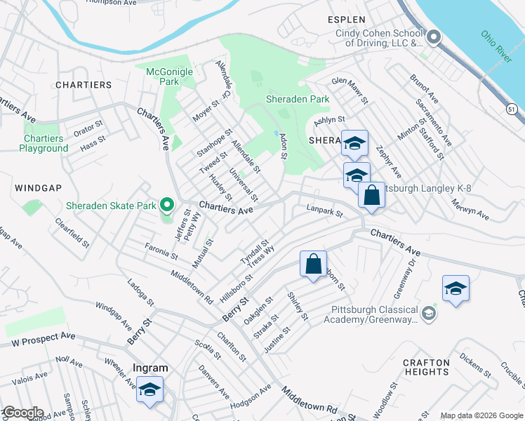 map of restaurants, bars, coffee shops, grocery stores, and more near 1105 Adon Street in Pittsburgh