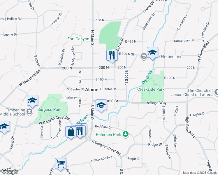 map of restaurants, bars, coffee shops, grocery stores, and more near 155 East Center Street in Alpine