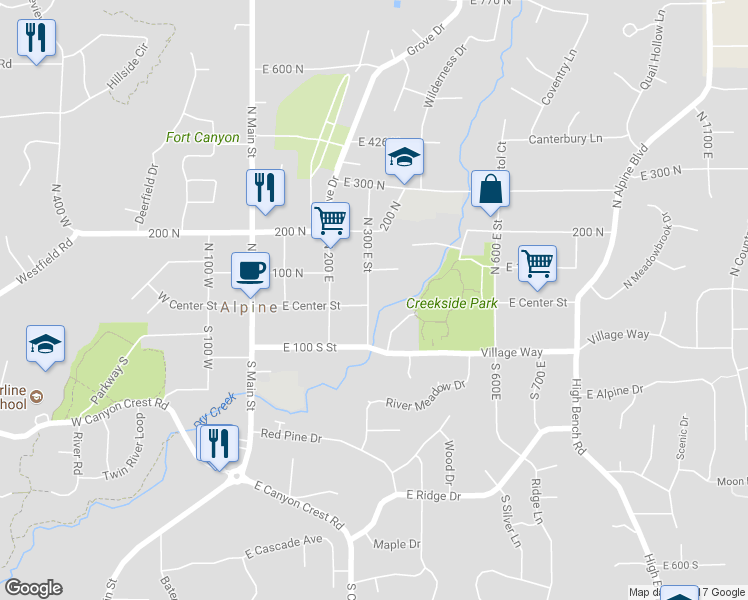 map of restaurants, bars, coffee shops, grocery stores, and more near 20 North 300 East Street in Alpine