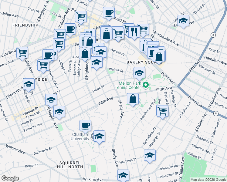 map of restaurants, bars, coffee shops, grocery stores, and more near 600 Shady Avenue in Pittsburgh