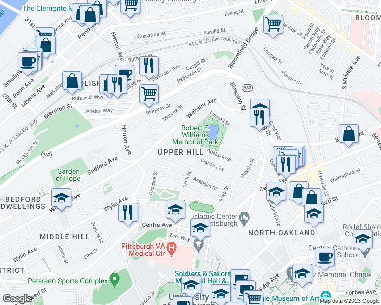 map of restaurants, bars, coffee shops, grocery stores, and more near 735 Clarissa Street in Pittsburgh